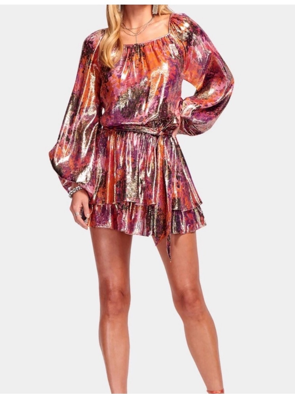 Ramy Brook Metallic Pink and Orange Tiered Mini Dress